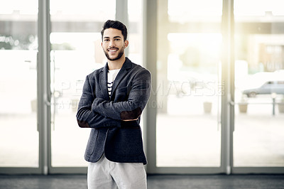 Buy stock photo Crossed arms, happy and portrait of businessman in office with confidence for finance career. Flare, professional and male financial manager with pride for corporate job opportunity in workplace.