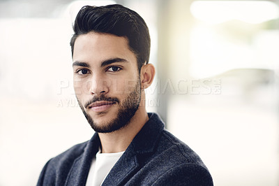 Buy stock photo Portrait, confidence and business man in office with ambition, about us and pride for financial job. Corporate, worker and professional in company as tax specialist with career experience in Qatar