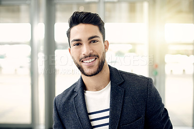 Buy stock photo Portrait, smile and business man in company with pride, about us or flare for financial job. Corporate, confident worker and professional in office as tax specialist with career opportunity in Qatar