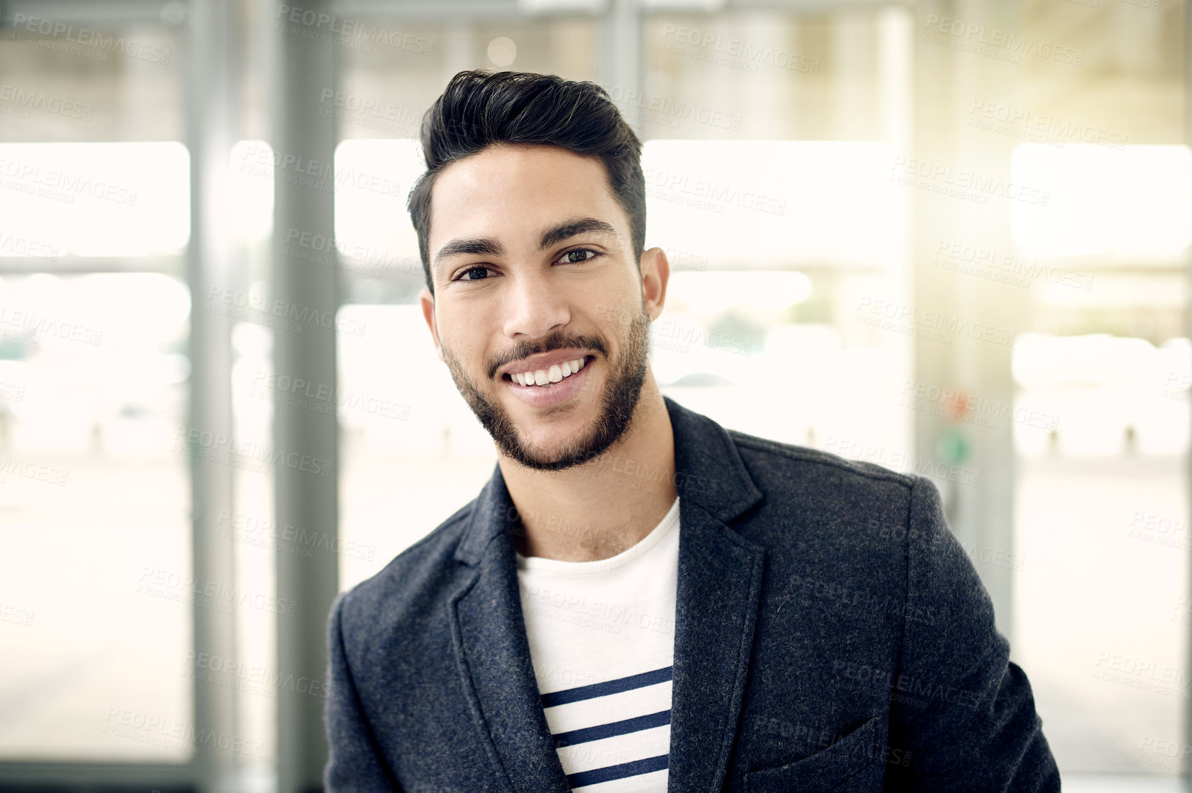 Buy stock photo Portrait, smile and business man in company with pride, about us or flare for financial job. Corporate, confident worker and professional in office as tax specialist with career opportunity in Qatar