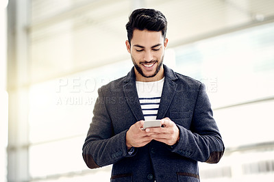 Buy stock photo Business, man and typing with phone in office for text message, email response or check schedule. Professional, person and happy with smartphone at workplace for online research, networking and chat