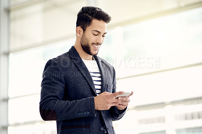Buy stock photo Happy, texting and businessman in company with smartphone for social media, message and website. Smile, search and entrepreneur with mobile app in workplace for online notification and technology
