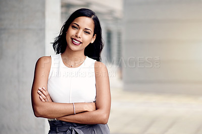 Buy stock photo Arms crossed, portrait and smile of woman outdoor at office building for about us or company mission. Business, career and opportunity with happy employee on space for professional development