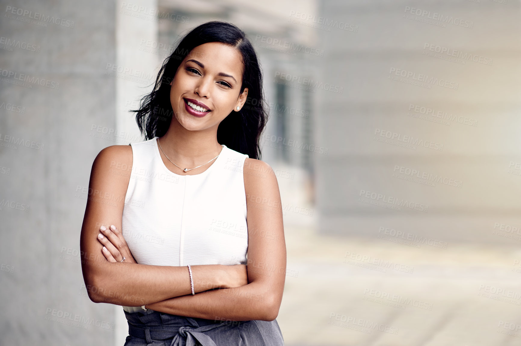 Buy stock photo Arms crossed, portrait and smile of woman outdoor at office building for about us or company mission. Business, career and opportunity with happy employee on space for professional development