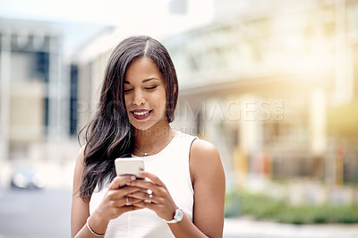 Buy stock photo Employee, online and woman with smartphone, city or communication for schedule, flare and publicist. Public relations, space and chat with contact on social media, outdoor and texting with mobile
