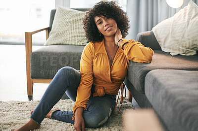 Buy stock photo Happy woman, portrait and relax with sofa on floor in home for comfort, break or day off. Female person, chill or rest with smile or positive attitude in living room for weekend or rest in house