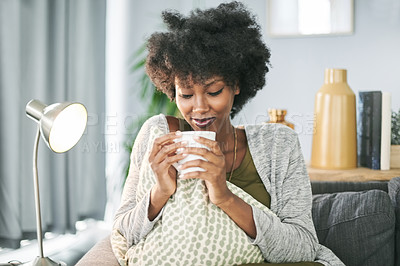 Buy stock photo Woman, coffee and relax on sofa with aroma, thinking and smile with pillow, comfort and memory in home. African person, happy and reflection with tea, beverage or drink for inspiration at apartment
