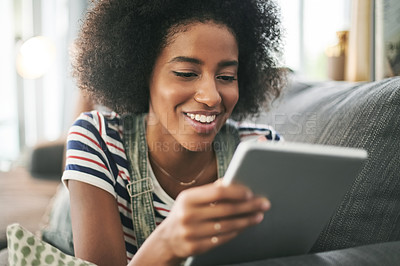 Buy stock photo Smile, home and black woman on couch, tablet and texting with social media, email and app. Relax, subscription and African person with tech, chatting and internet with connection and communication