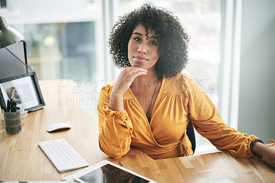 Buy stock photo Portrait, reporter and business woman in office for article source, publisher schedule or research with tablet. Journalist report, draft editing and project with person in media agency for magazine