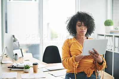 Buy stock photo Tablet, office and business woman online for research, event budget or planning. Technology, serious and coordinator with app in workplace for finance, venue cost or reading email in creative startup