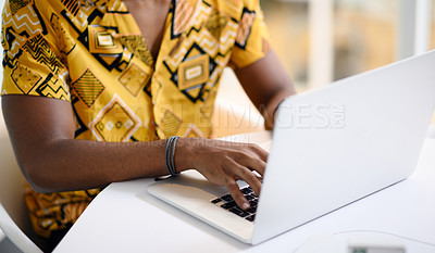 Buy stock photo Fashion designer, hands or laptop for creative clothing website, homepage or ecommerce store app. Person, technology or remote freelancer on stylist software for trendy, bold and funky product design
