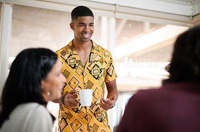 Buy stock photo Business people, man and talking at workplace for break with discussion, conversation and happy team. Collaboration, professional employees and meeting with communication, planning and speaking