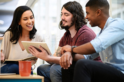 Buy stock photo Reading, business people and tablet with team in office, planning and online research for startup. Collaboration, employees and digital with tech for information, discuss or prepare for presentation