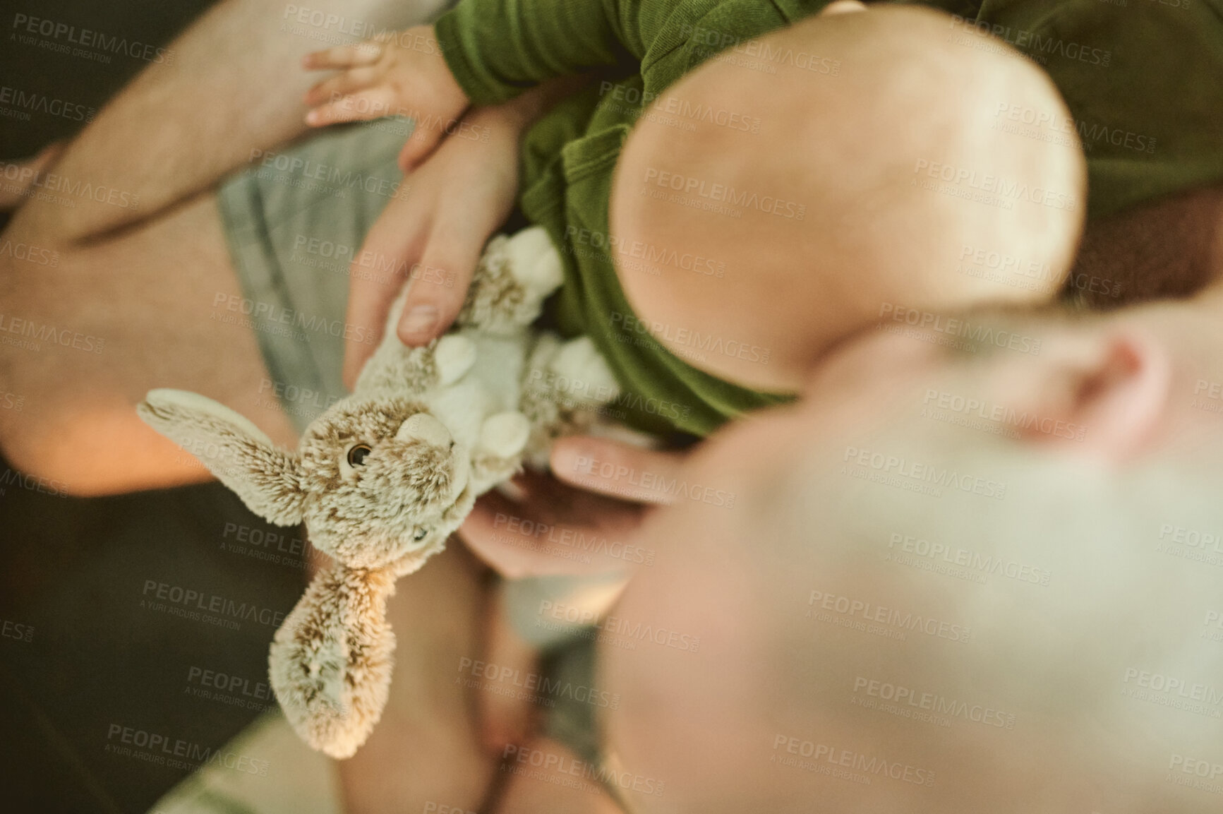 Buy stock photo Relax, toy and father with baby at home from top view for cute, cuddle and bonding. Child development, learning and youth with kid and man with stuffed rabbity for happiness, newborn and care