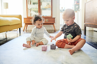 Buy stock photo Baby building blocks, home and kid toys for mobility development and learning together at house. Nursery, toy brick and cute children curious about youth game and activity with kids on the floor