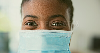 Buy stock photo Portrait, doctor and mask with closeup for covid, virus or disease for protection in hospital. Black woman, face or happy emoji by career, choice or occupation in healthcare, medicine and science