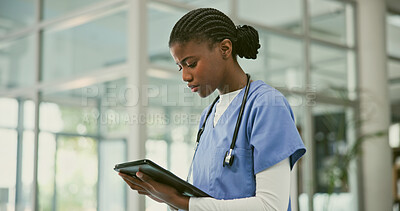 Buy stock photo Tablet, nurse and black woman reading, analysis or check online healthcare, medical research or cardiology report. Professional doctor, digital or review hospital results, medicine data or clinic app