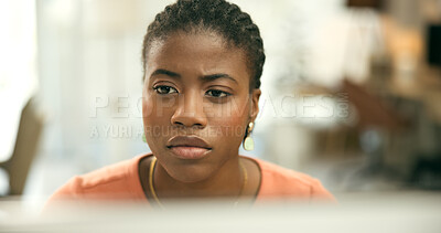 Buy stock photo Computer, face and problem solving with a black woman in her office to search for a solution online. Internet, serious or information with a young employee reading a company report in her workplace
