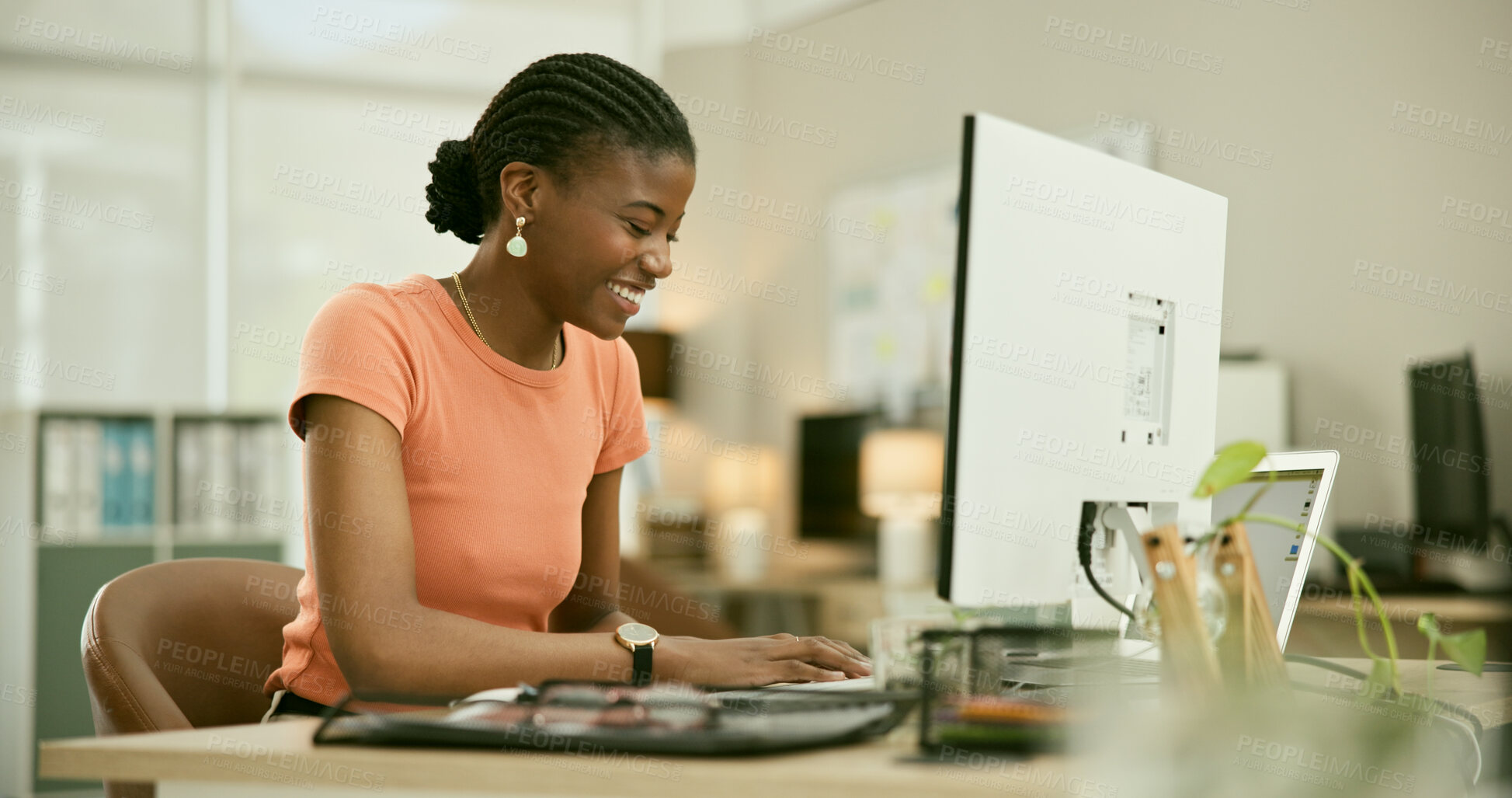 Buy stock photo Computer, happy and young black woman in the office doing research for creative project. Technology, smile and professional with African female designer working online in the modern workplace