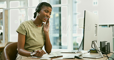 Buy stock photo Writing, computer or happy black woman in call center with smile, advice or notes in communication. Microphone, customer services or African sales consultant in telecom, tech support or telemarketing