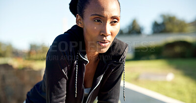 Buy stock photo Breathe, exercise and female runner rest outdoor for fatigue, tired and break on run in park. Fitness, exhausted and black woman with healthy lifestyle, training and cardio workout for wellness