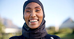 Portrait, black woman and happy in hijab for fitness outdoor with empowerment, laugh and exercise. Runner, female athlete and muslim person at park for wellness, space or workout in modest activewear