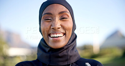 Buy stock photo Portrait, black woman and happy in hijab for fitness outdoor with empowerment, laugh and exercise. Runner, female athlete and muslim person at park for wellness, space or workout in modest activewear