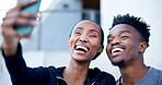 Black couple, laugh and love outdoor with selfie for social media, relationship status and bonding. Smile, man and woman together for photo, happy or romantic connection or online post for memory