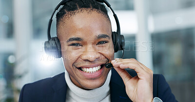 Buy stock photo Office, happy and man with headset for call center, customer service and help for finance advice. Corporate, portrait and African person with mic for contact us, crm support and financial consulting