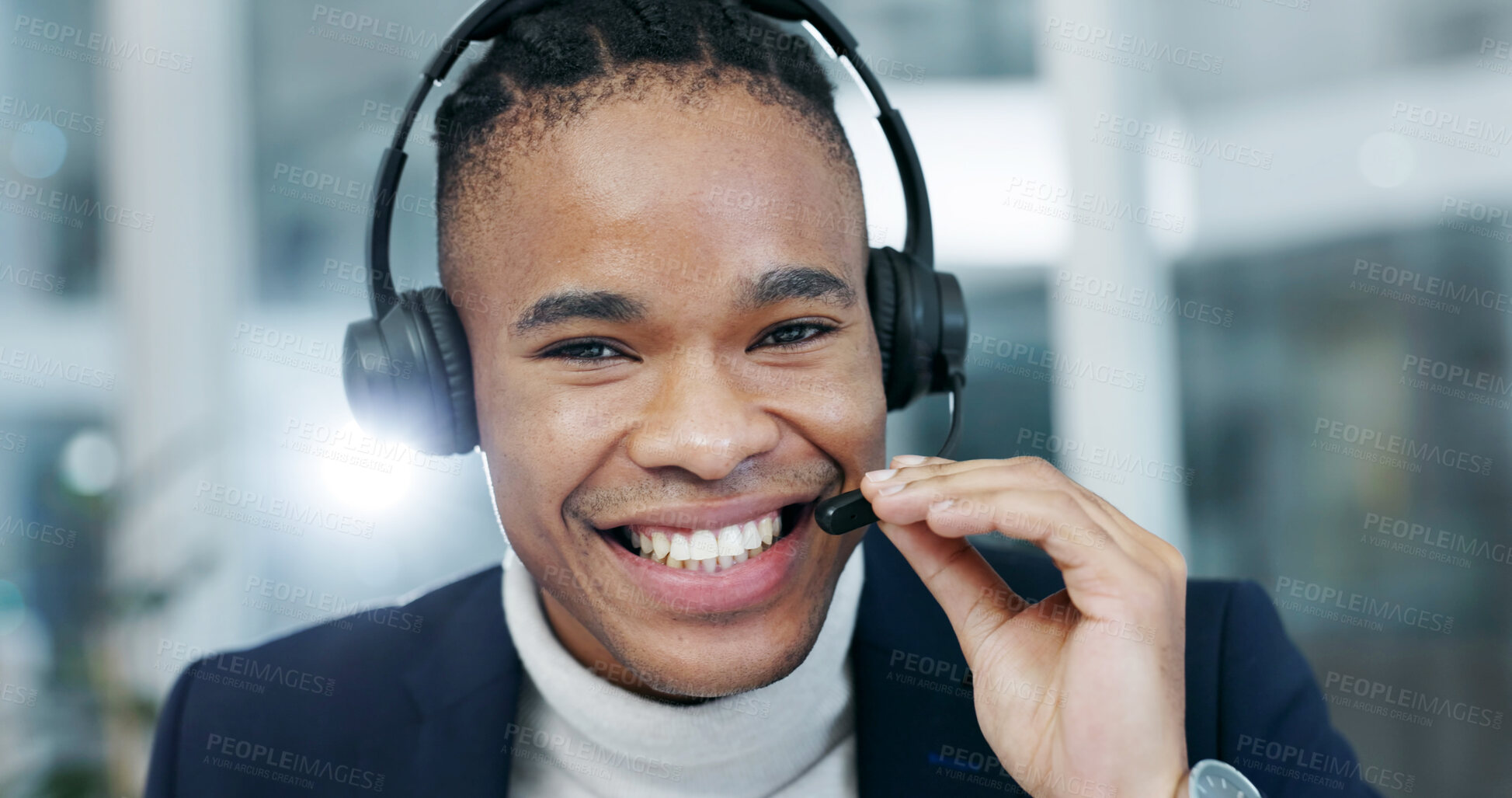 Buy stock photo Office, happy and man with headset for call center, customer service and help for finance advice. Corporate, portrait and African person with mic for contact us, crm support and financial consulting