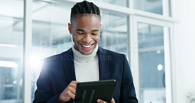 Buy stock photo Black man, realtor and reading in office with tablet, email and update pricing for new listing. Smile, person and research in workplace with digital, rental viewing and schedule for property purchase