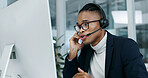 Office, computer and man with headset for call center, online consulting and financial advice. Corporate, talking and black person with tech for help, loan support and contact us for customer service