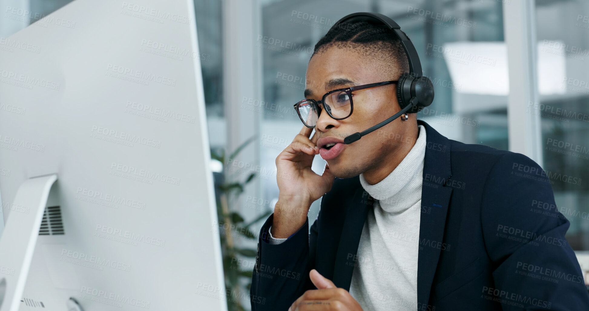 Buy stock photo Office, computer and man with headset for call center, online consulting and financial advice. Corporate, talking and black person with tech for help, loan support and contact us for customer service