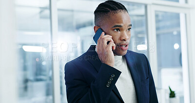 Buy stock photo Business, black man and lawyer in office with phone call, contact and legal advice for court case. Person, attorney and listen at law firm with mobile, question witness and feedback for trial verdict