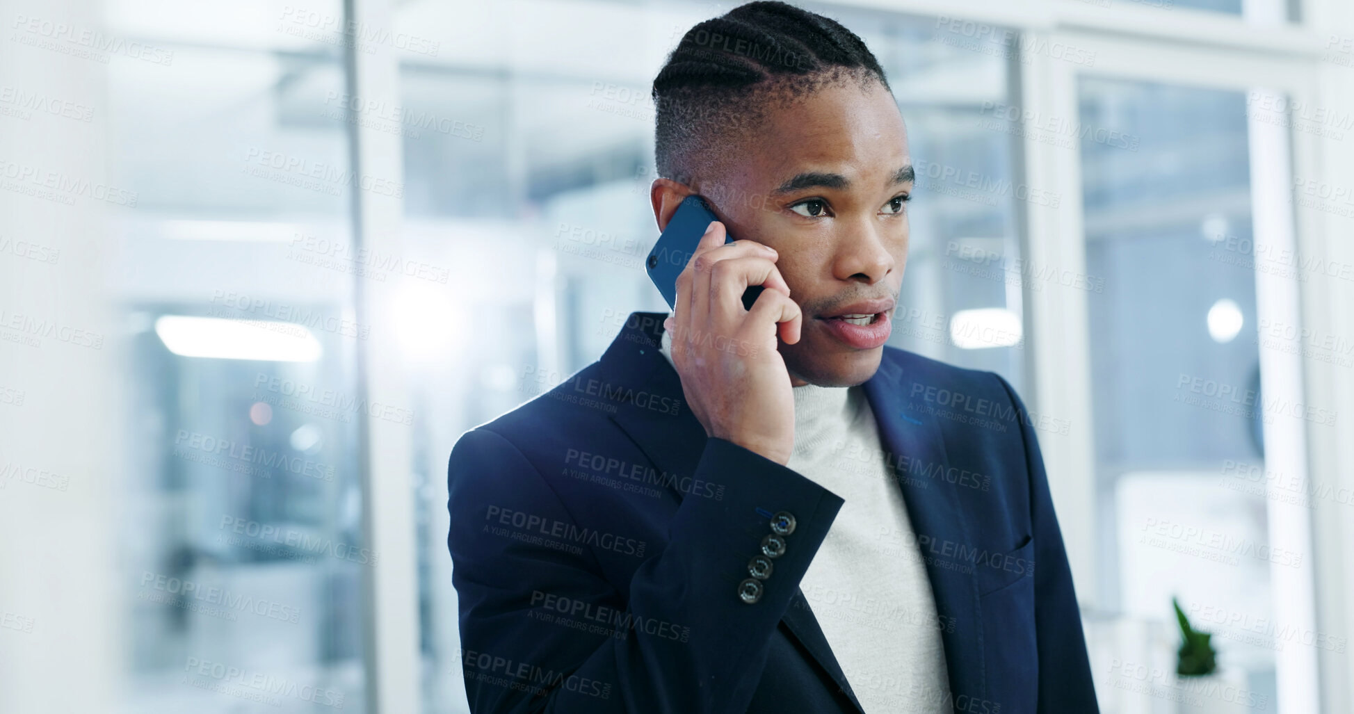Buy stock photo Business, black man and lawyer in office with phone call, contact and legal advice for court case. Person, attorney and listen at law firm with mobile, question witness and feedback for trial verdict