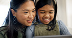 Mother, kid and happy with tablet in home for watching cartoon, movie weekend and connection. Asian family, mom or girl child with tech in house for streaming age rated film, online show and bonding