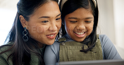 Buy stock photo Mother, kid and happy with tablet in home for watching cartoon, movie weekend and connection. Asian family, mom or girl child with tech in house for streaming age rated film, online show and bonding