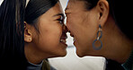 Child, mother and nose touch with love, care and happiness for connection together with daughter. Girl, mom and affection in home living room for trust, parent support and smile with playful family