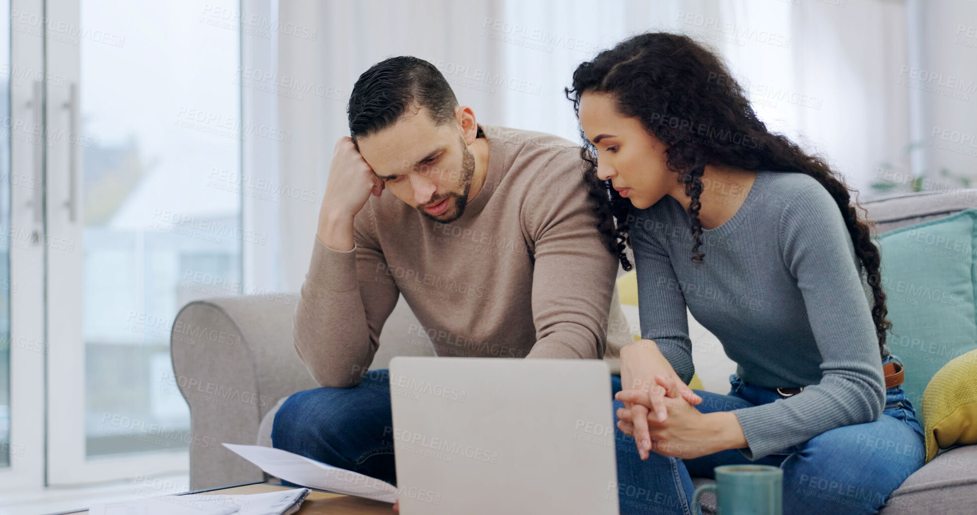 Buy stock photo Debt, document or couple in home with stress for cost of living crisis, inflation or investment loss. Paper, man and woman on sofa with financial struggle, bills or mortgage rate increase with laptop