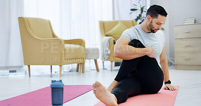 Buy stock photo Man, fitness and stretching with yoga mat in home for indoor exercise, training or workout. Active, male person or pilates with body warm up or preparation for physical activity, health or wellness