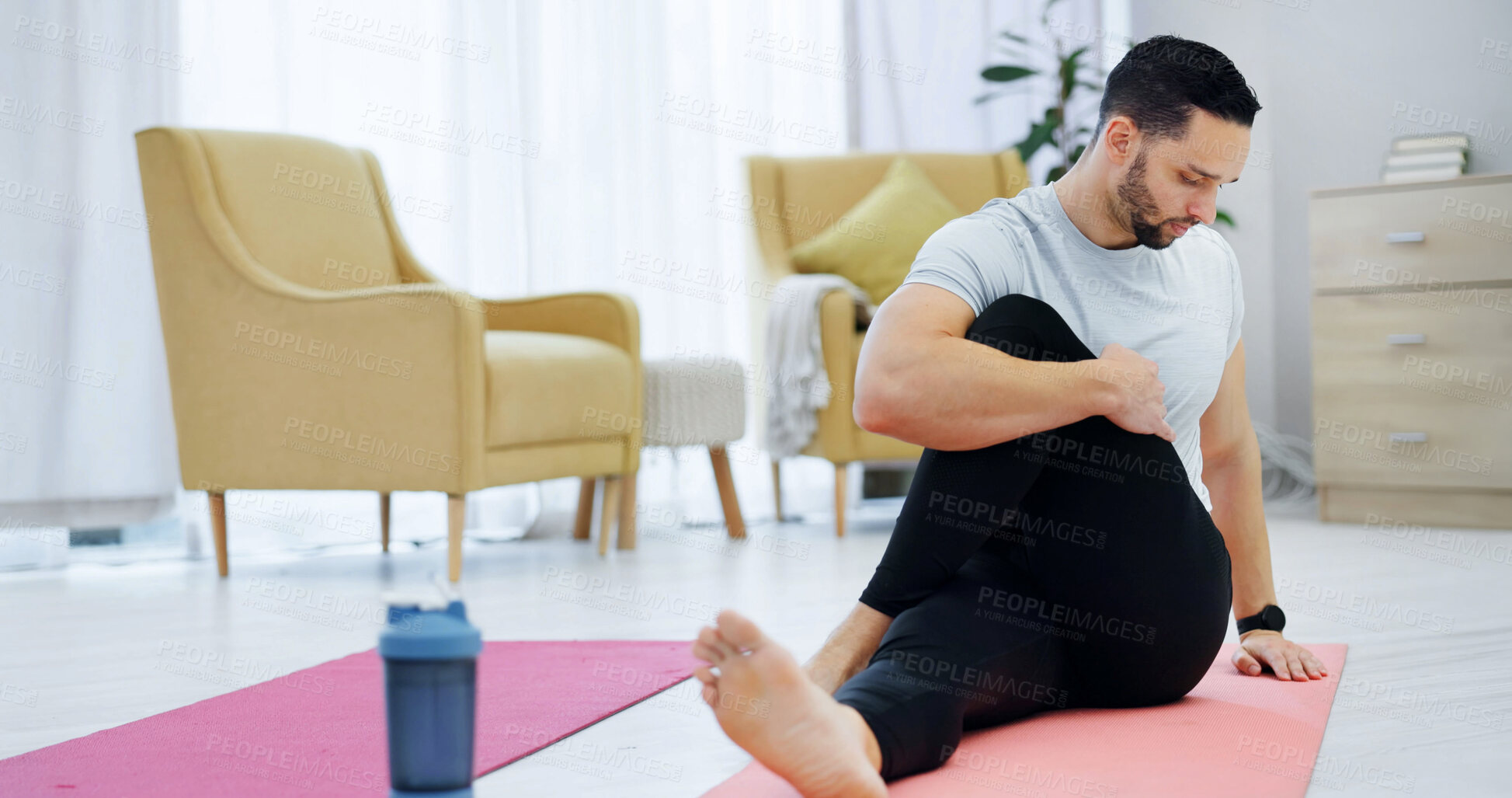 Buy stock photo Man, fitness and stretching with yoga mat in home for indoor exercise, training or workout. Active, male person or pilates with body warm up or preparation for physical activity, health or wellness