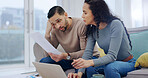 Bills, document or couple in home with stress, inflation or cost of living crisis with debt. Paper, man or woman on sofa with financial struggle, budget pressure or mortgage rate increase with laptop