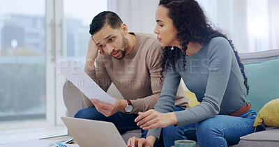 Buy stock photo Bills, document or couple in home with stress, inflation or cost of living crisis with debt. Paper, man or woman on sofa with financial struggle, budget pressure or mortgage rate increase with laptop