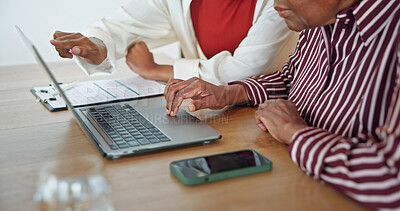 Buy stock photo Laptop, hands and financial advisor with client in home, point or explaining retirement plan on web. Wealth management, paperwork and finance advice for senior person, online and discussion with tech