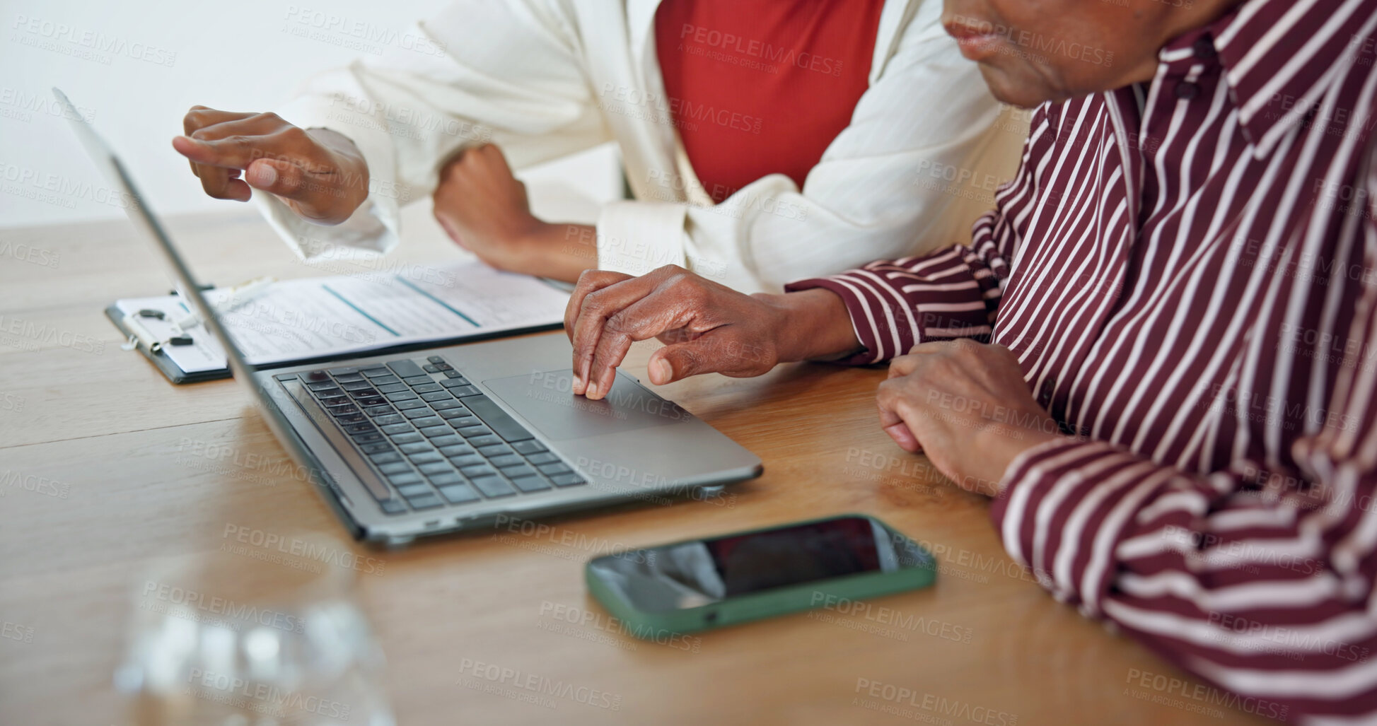 Buy stock photo Laptop, hands and financial advisor with client in home, point or explaining retirement plan on web. Wealth management, paperwork and finance advice for senior person, online and discussion with tech