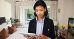 Real estate, agent and businesswoman with tablet, bedroom and browsing info for property inspection. Realtor, online and person with tech, scroll and planning for house tour and research on website