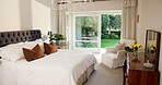 Empty, interior and bedroom exhibit for real estate, viewing and staging for property makeover. Room, furnishing and showcasing with house decor, vacant residence and rental listing for accommodation