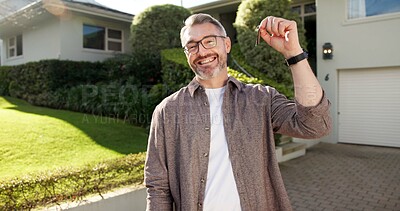 Buy stock photo Real estate, man and key to new house, ownership or property purchase with mortgage investment. Relocation, happy mature person and keychain for dream home, landlord or portrait outdoor at front yard