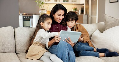 Buy stock photo Mom, children and play in home with tablet, download application and video game for knowledge growth. Happy family, woman and kids on sofa with tech, entertainment and online gaming for education.