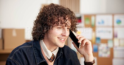 Buy stock photo Supply chain, phone call and man with smile in startup, ecommerce and talk with contact or shipping. Logistics, entrepreneur and happy person with mobile, chat and delivery update in small business